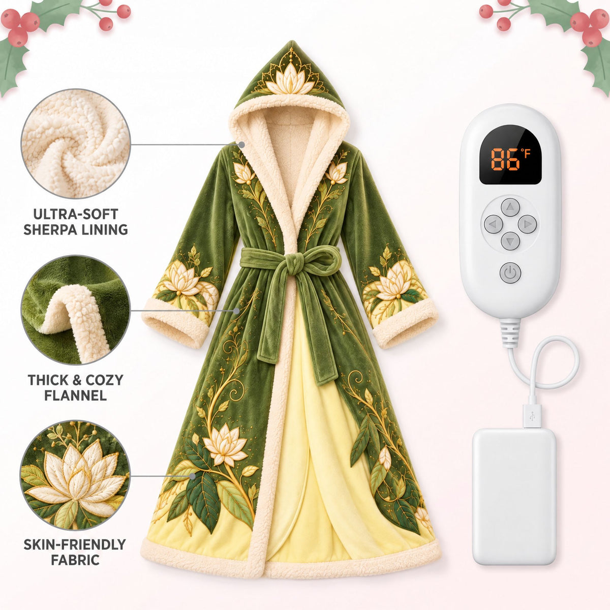 Tiana princess robe features: sherpa lining, thick flannel, embroidery