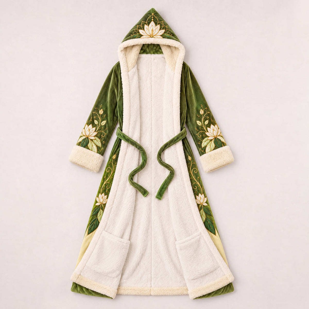Tiana heated princess robe laid open showing sherpa lining and foot pockets