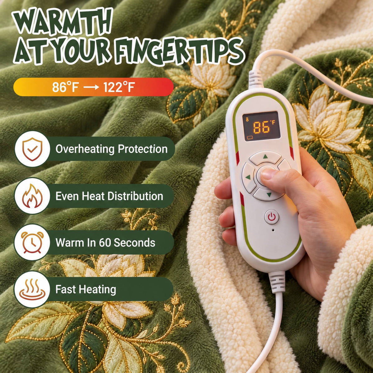 Remote control with temperature display from 86 to 122 degrees Fahrenheit
