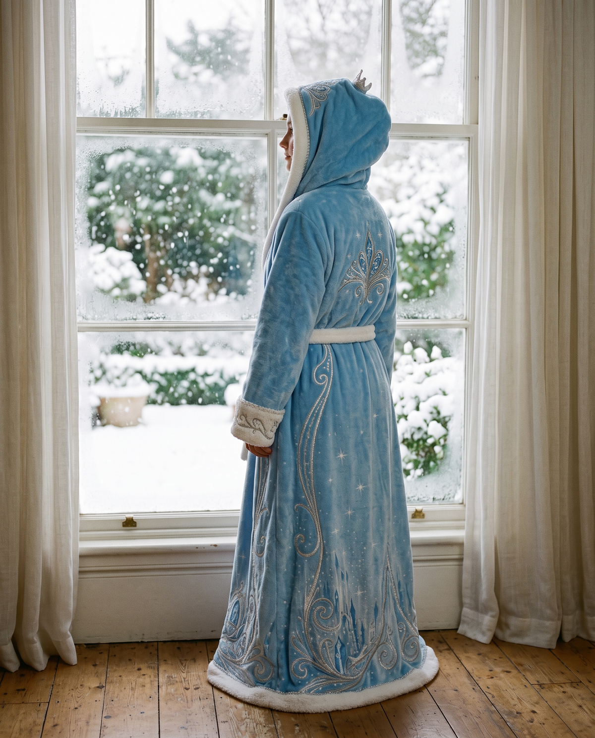 Woman in the Silver Carriage robe at a snowy window