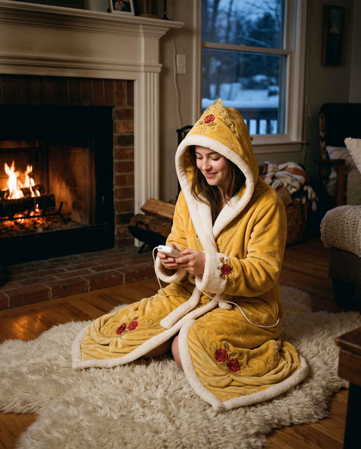 Woman by the fireplace adjusting the heat with the remote