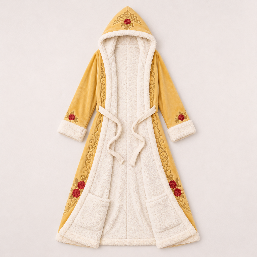 Belle heated princess robe laid open showing sherpa lining and foot pockets