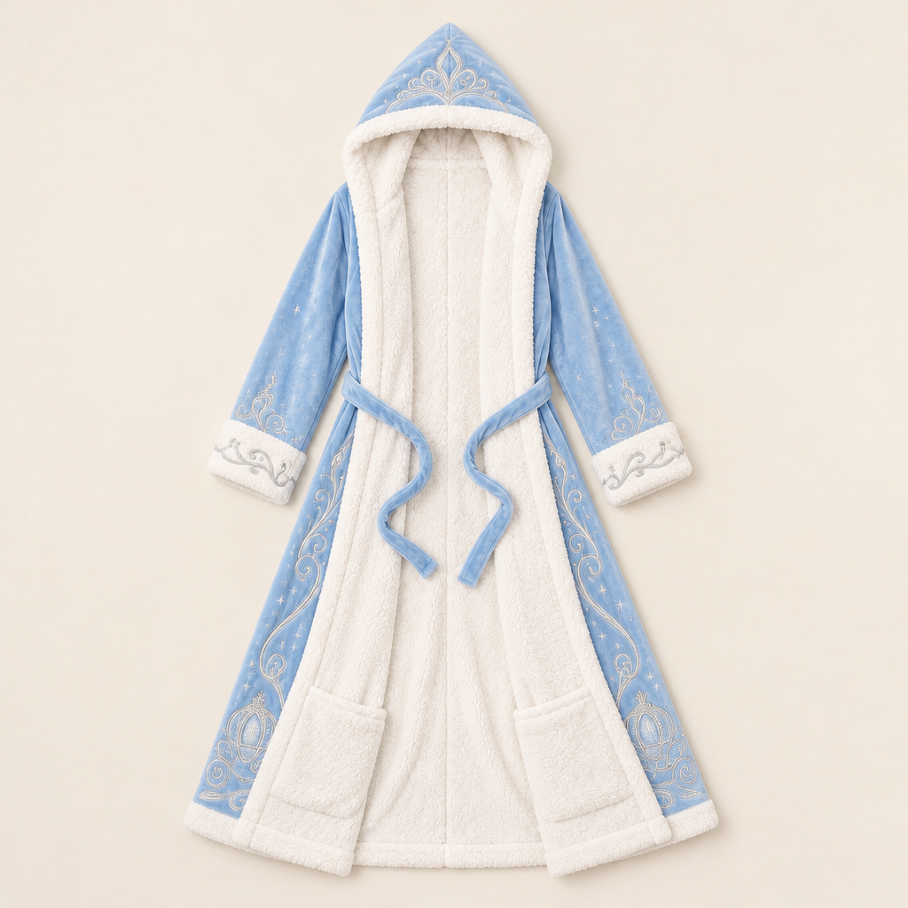 Cinderella heated princess robe laid open showing sherpa lining and foot pockets
