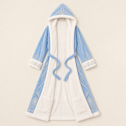 Cinderella heated princess robe laid open showing sherpa lining and foot pockets