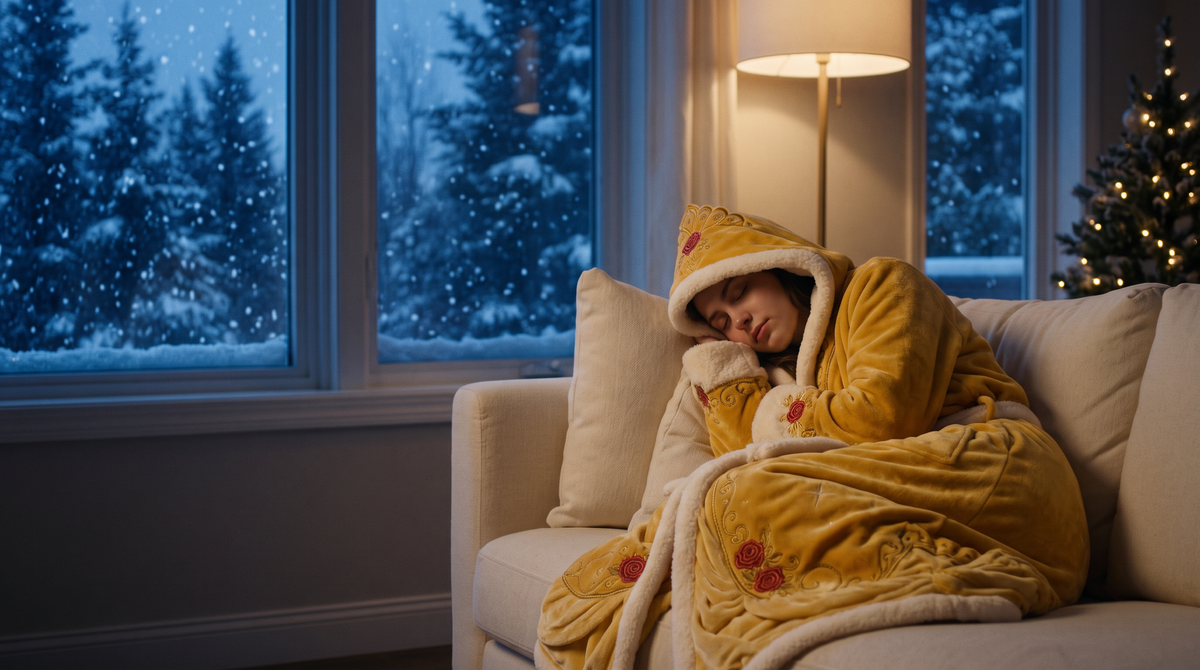 Asleep on the sofa in a heated robe while snow falls outside